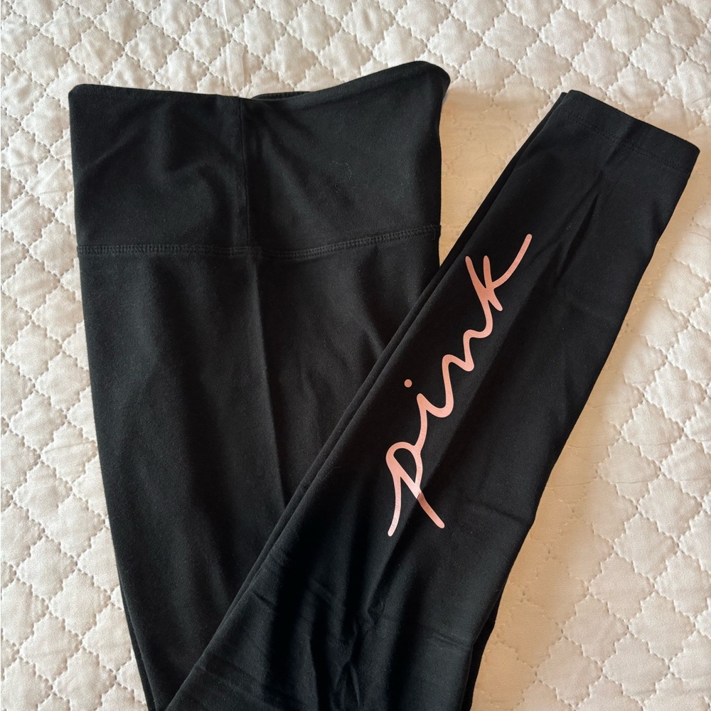 PINK Victoria's Secret Black Leggings with Pink Logo